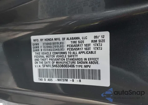 2013 Honda Odyssey Ex-L z USA, uszkodzony, nr VIN 5FNRL5H63DB003406